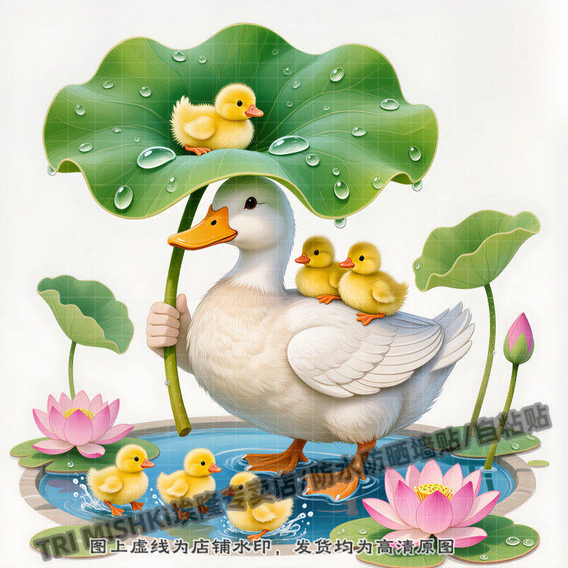可爱的鸭妈妈和小鸭子池塘玩耍贴纸背景墙卫生间玻璃划痕遮丑贴纸