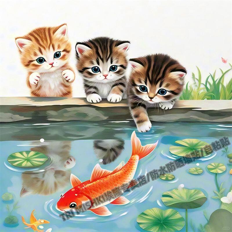 有趣的小猫抓鱼图创意贴纸冰箱厨房装饰贴纸餐厅橱柜防水自粘贴