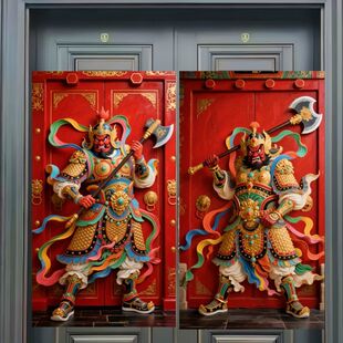 国潮霸气门神护宅安宁贴纸客厅背景墙装饰贴纸划痕遮丑过道防水贴