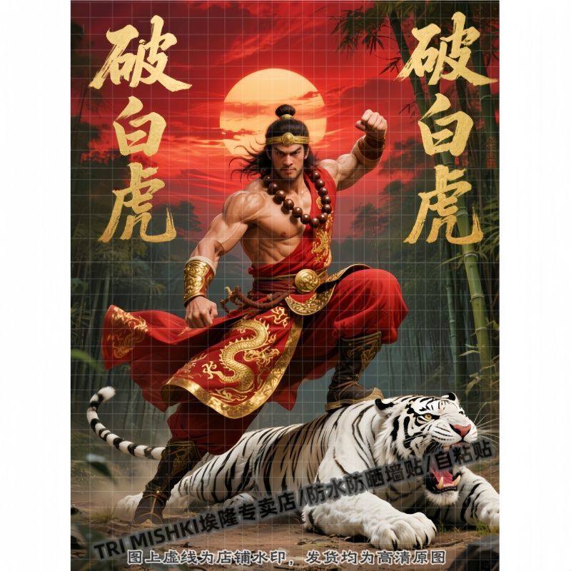 西邻高破白虎武松画像贴纸客厅卧室墙面装饰贴纸衣柜床头贴自粘贴,家居饰品,软装墙贴,淘宝优惠券,粉丝福利购,淘宝优惠卷