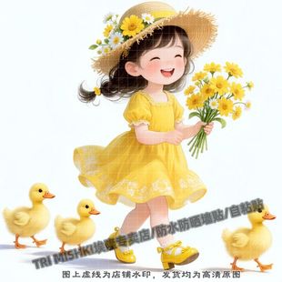 可爱的小姑娘和小鸭子贴纸冰箱门窗装饰贴纸衣柜墙面划痕贴自粘贴