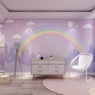 卧室装 定制儿童房背景墙梦幻彩虹主题壁画个性 饰墙布卡通立体墙贴