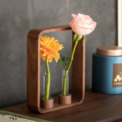 黑胡桃木玻璃试管花瓶日式家用小型水培植物容器实木迷你桌面摆件