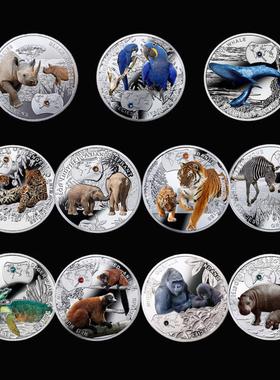 款非洲赞比亚频危花豹镀银镶钻镀银硬币工艺大象东北虎纪念章