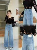 刺绣显瘦设计洋气浅蓝百搭牛仔裤 欧货重工牛仔裤 小四专享