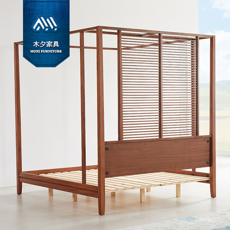 木夕新中式东南亚风格槟榔家具胡桃木色实木双人床四柱民宿架子床