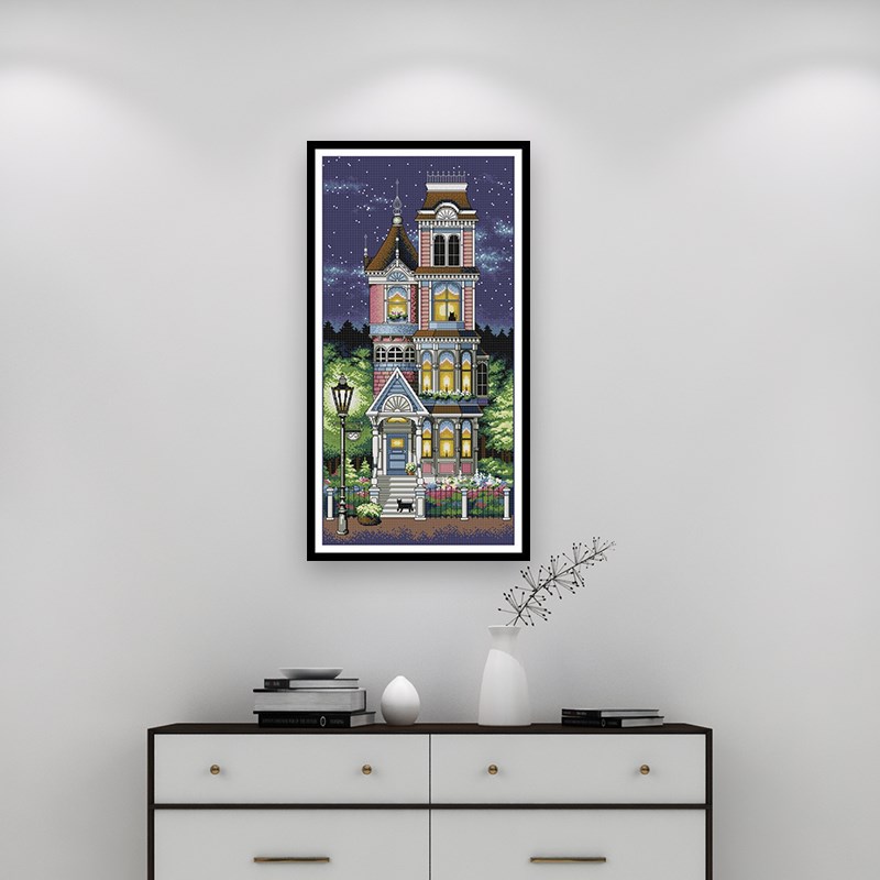 欧式风景十字绣2025年新款线绣宁静的夜晚竖款玄关廊柱手工绣挂画