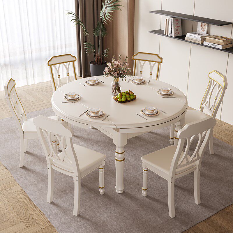 实木美式折叠多功能餐桌可变圆桌奶油风伸缩旋转餐桌方圆两用饭桌