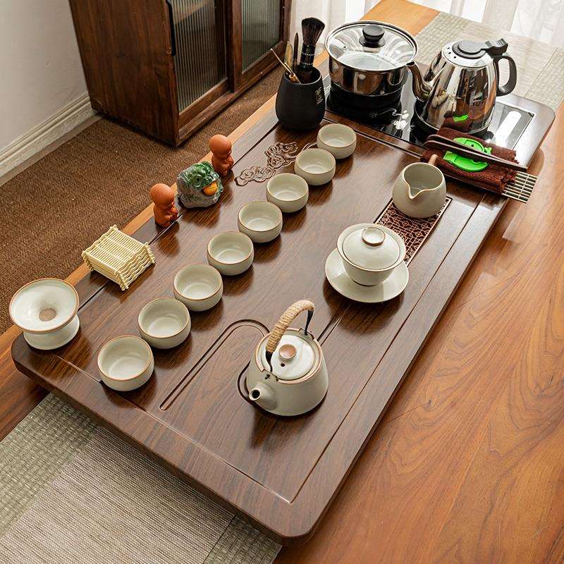 茶盘汝窑茶具套装家用陶瓷一整套木制茶盘功夫泡茶壶烧水壶全自动