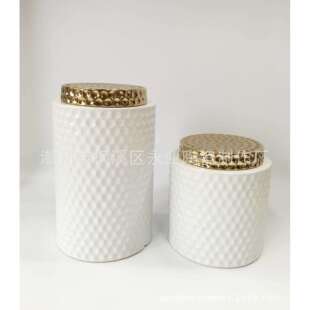 现代简约白色陶瓷蜂巢储物罐电镀金色工艺陶瓷摆件装饰品二件套