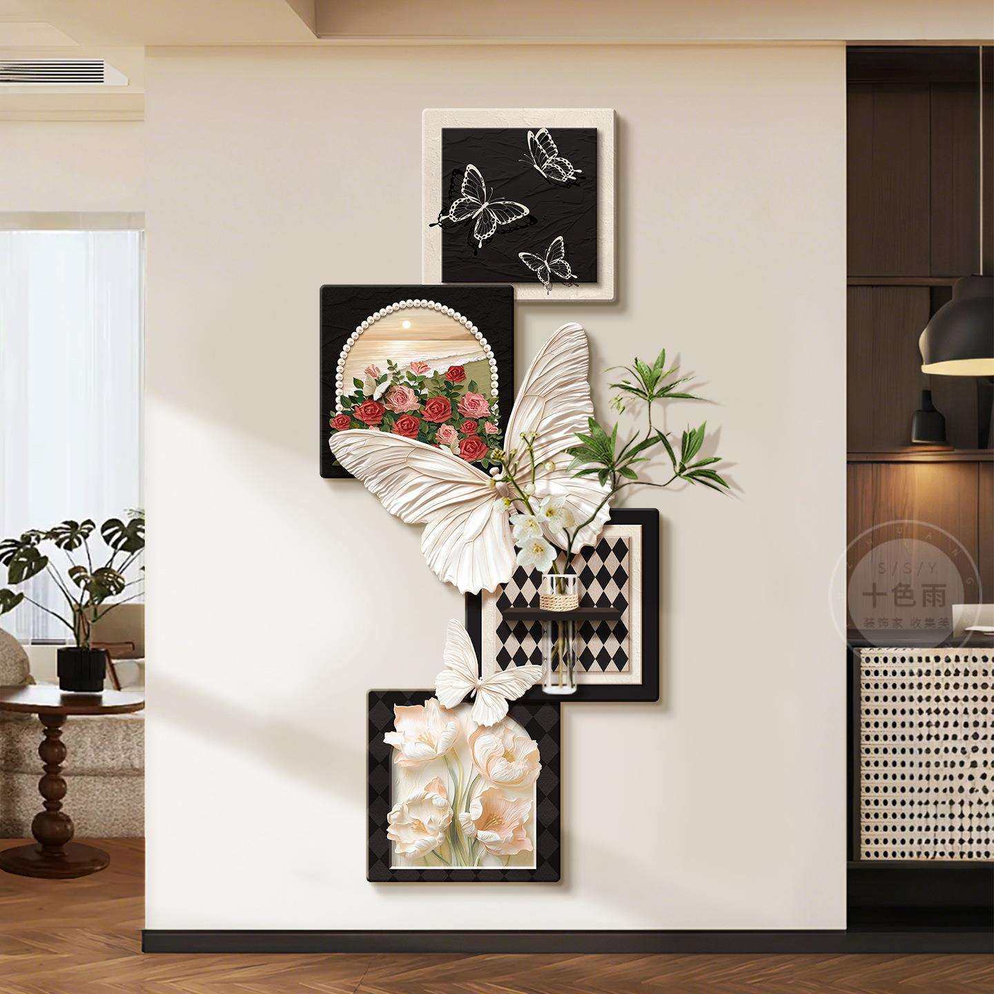 法式复古玄关装饰画水培绿植客厅挂画奶油中古风入户正对门壁灯画