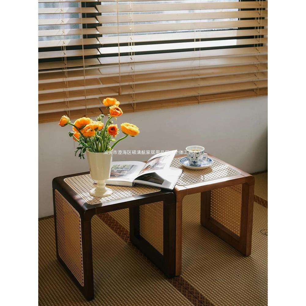 移动床头日式矮原木小边几藤编方复桌子飘窗茶几茶桌沙发实木中古