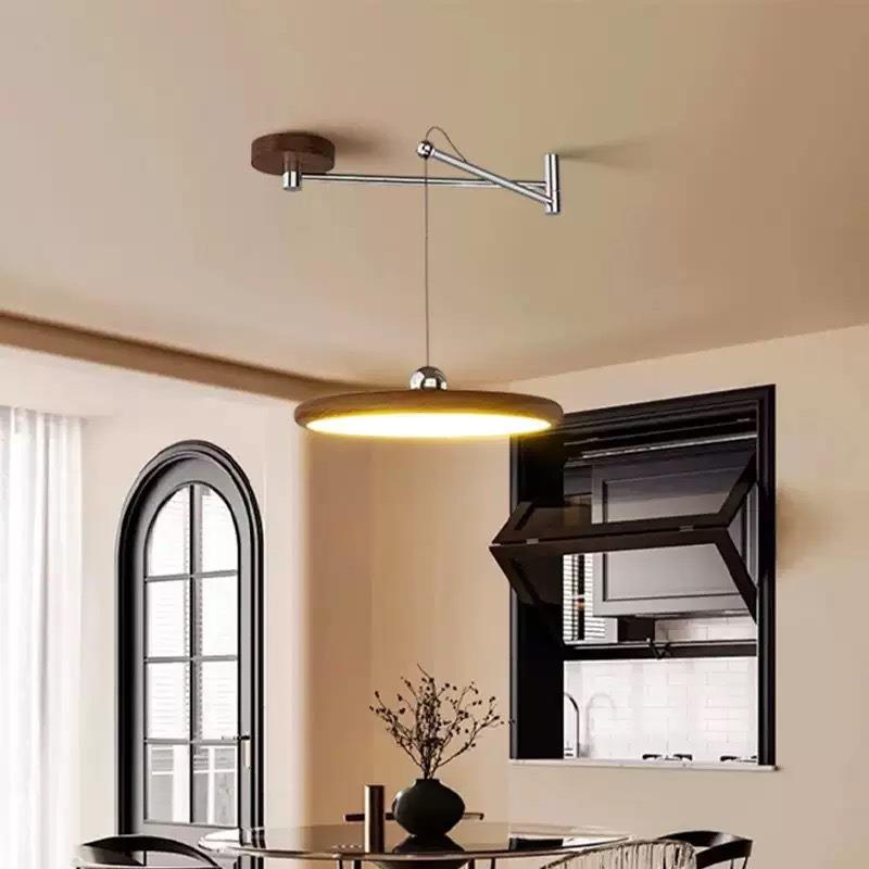 法式中古风摇臂飞碟餐厅吊灯复古胡桃木色奶油风可移位餐桌吧台灯