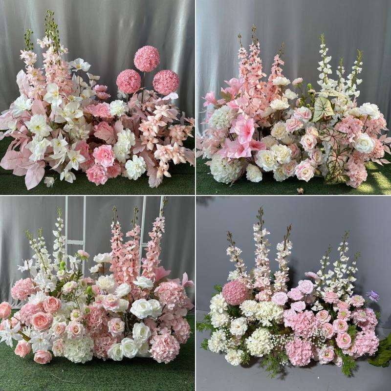 婚庆粉色系成品花排路引花婚礼堂布置地排花仿真绢花装饰婚礼花艺