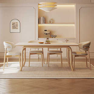 原木色奶油风实木岩板餐桌北欧白蜡木小户型家用纯白色岩板饭桌子