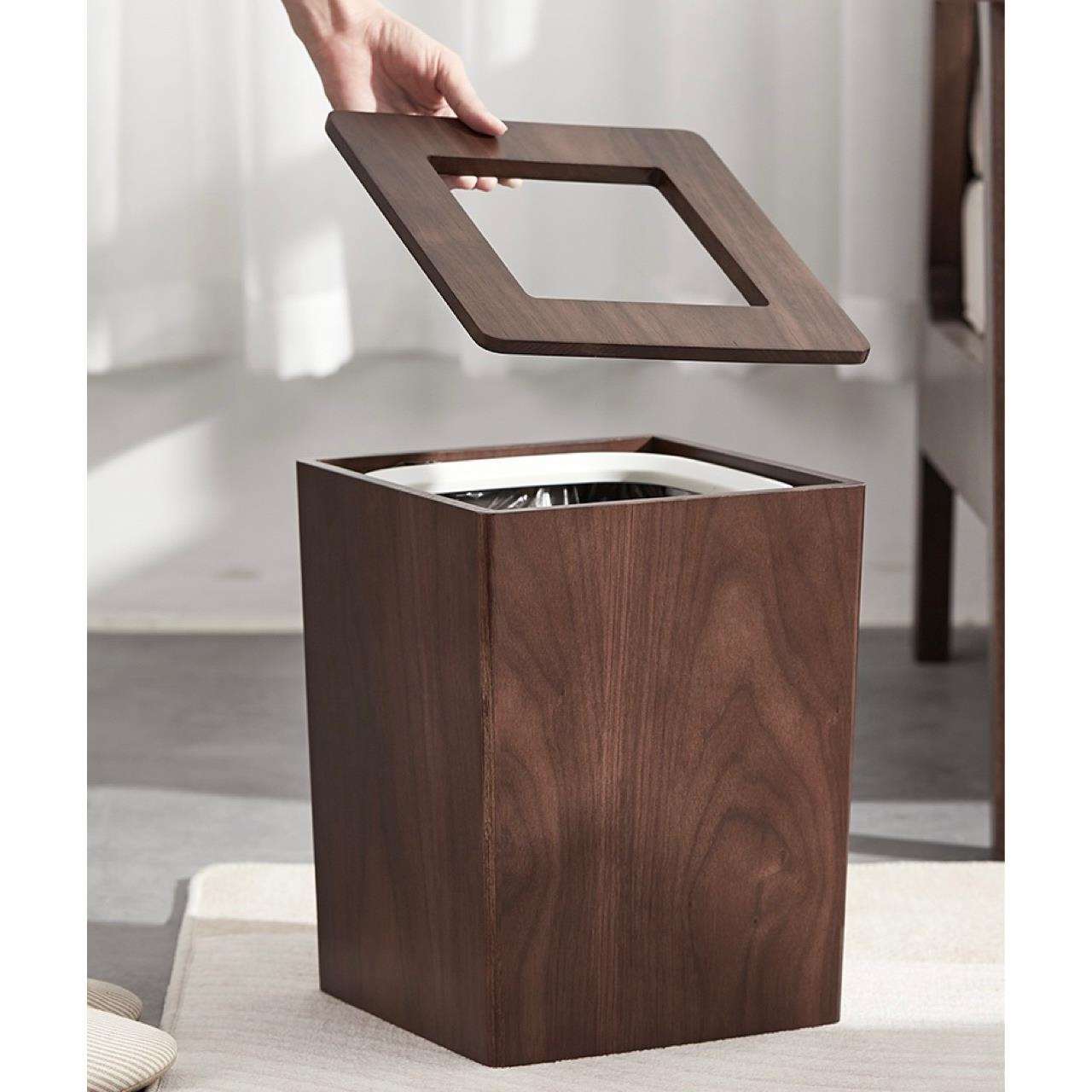 复古创意客厅木质垃圾桶家用厕所厨房新中式实木纸篓带盖垃圾筒