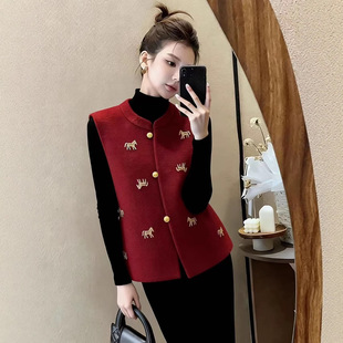 2026新款红色刺绣马甲新中式国风女装双面毛呢复古坎肩高级感上衣