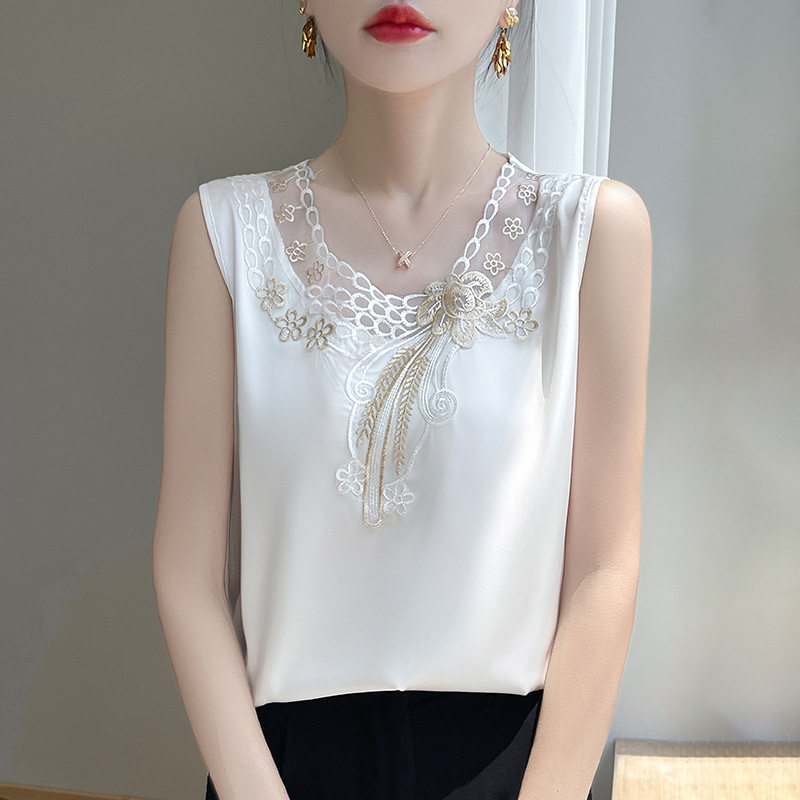 花边蕾丝吊带背心女士西装内搭圆领非真丝醋酸打底衫无袖缎面上衣