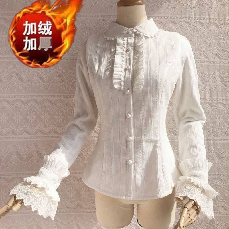 冬春季加绒新款少女荷叶边花边lolita长袖提花衬衫日系风格