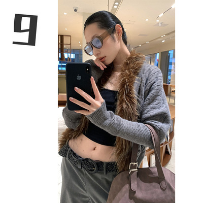 [9hour]洋气个性毛领针织衫女 2025秋冬宽松慵懒蝙蝠袖毛衣c2870