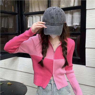 v领针织衫女秋短款别致小衫正肩毛衣小个子上下拉链开衫外套上衣