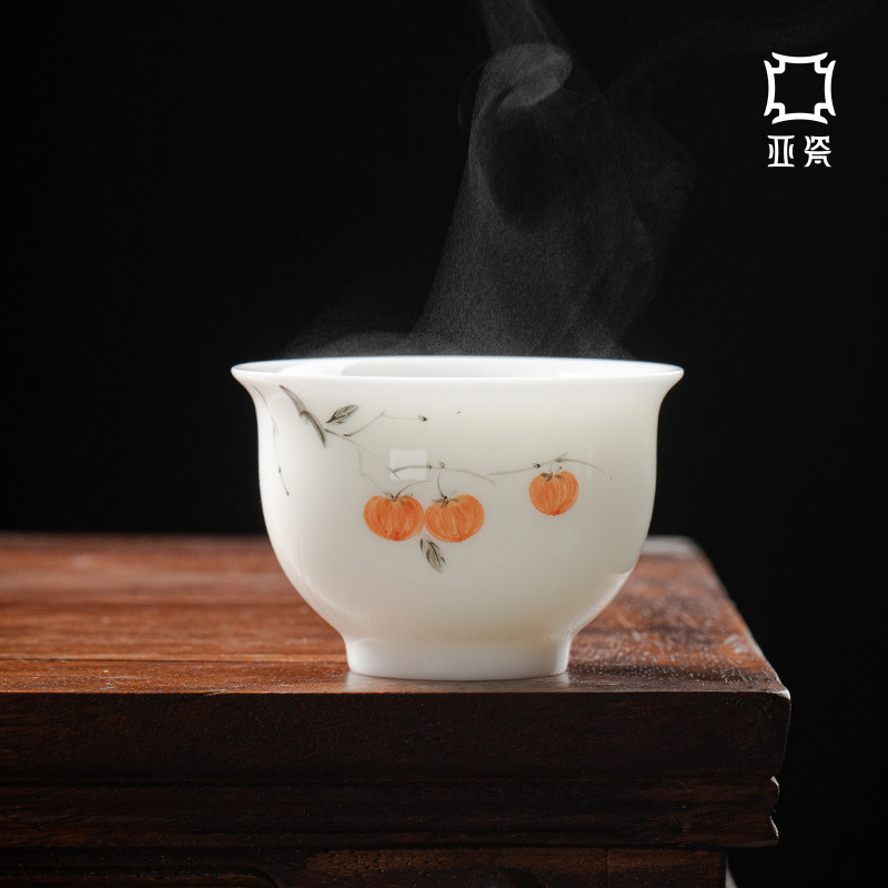 亚瓷丨冰种玉瓷好柿发生捧香杯手绘主人杯功夫茶具压手茶杯单品