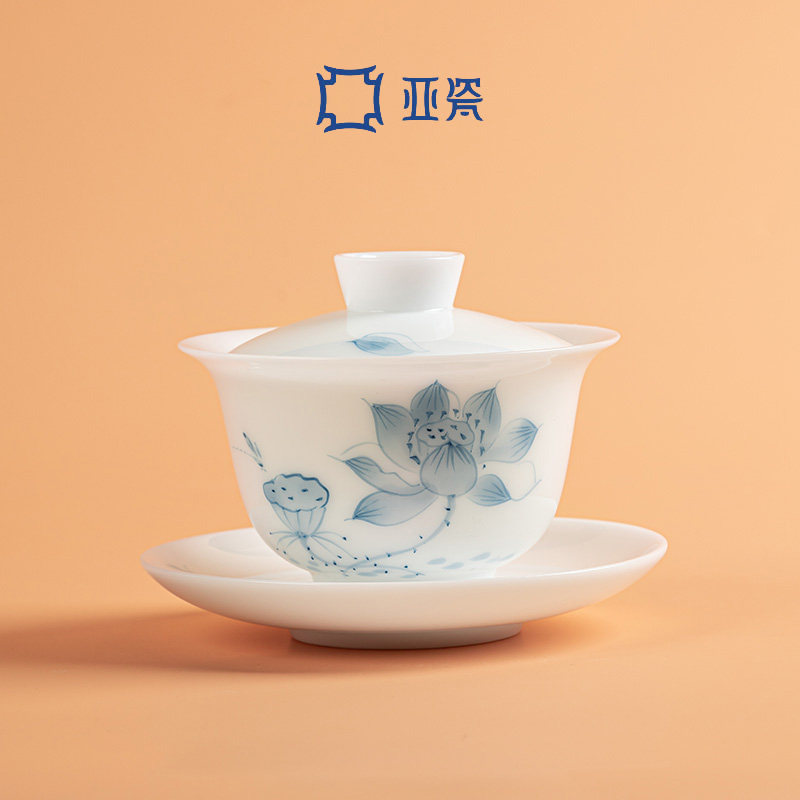 亚瓷丨芙蓉出水冰种玉瓷手绘三才盖碗功夫茶具陶瓷泡茶碗高端单品