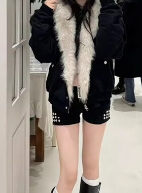 2025新款韩系学院风毛领连帽卫衣女冬季加厚保暖派克服黑色女外套