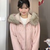 韩系甜美风麂皮绒连帽外套女2025冬季 设计感宽松减龄长袖 拉链上衣