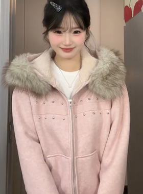 韩系甜美风麂皮绒连帽外套女2025冬季设计感宽松减龄长袖拉链上衣