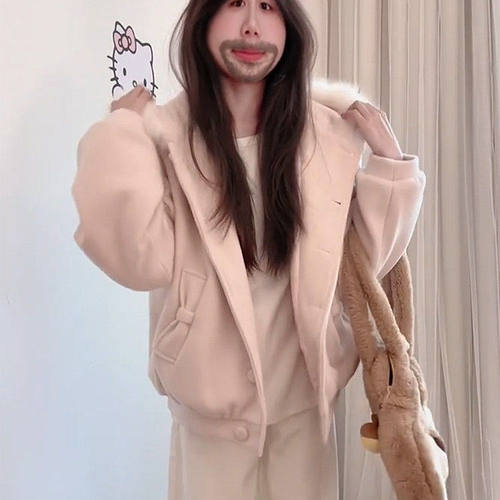 韩系甜美风蝴蝶结连帽毛领棉服女