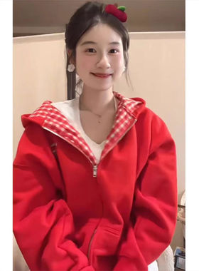 韩系ins红色拉链开衫连帽卫衣女2025开春新款宽松设计感百搭外套