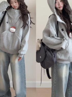 2025年新款慵懒风灰色连帽卫衣女宽松拉链开衫外套女休闲时尚上衣