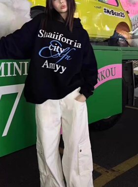 2025春秋新款美式复古黑色连帽卫衣女小众款字母印花宽松休闲上衣