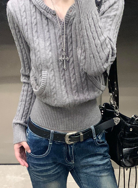 2020新款百搭老钱风连帽绞花针织衫女灰色修身显瘦早秋女毛衣上衣