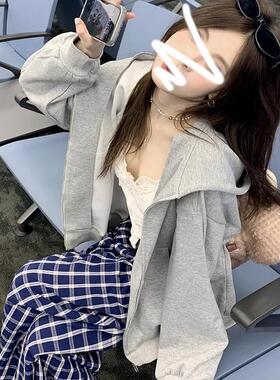 美式复古灰色连帽开衫卫衣女秋冬2024新款oversize宽松外套上衣