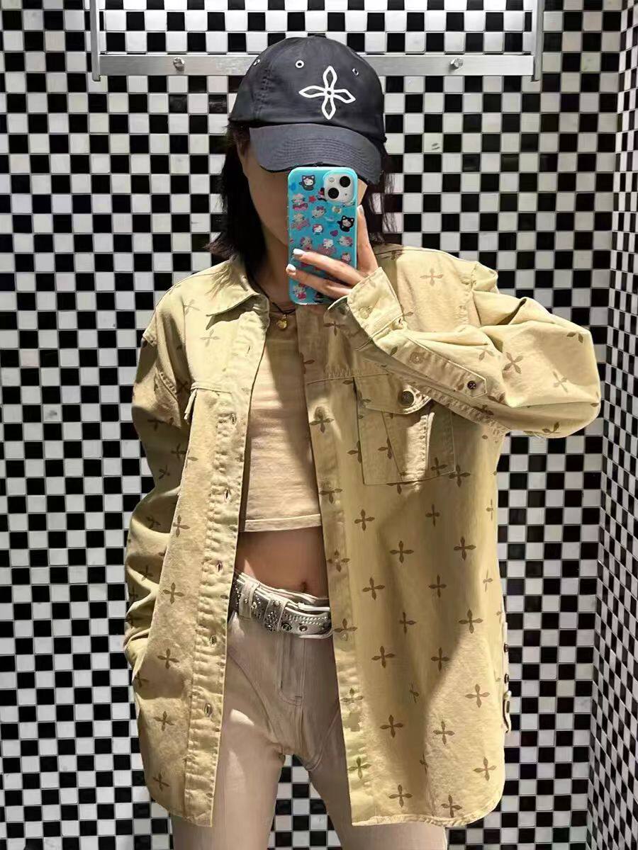 纯棉衬衫女2024新款夏季宽松十字印花超好看上衣阔身工装长袖衬衣
