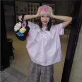 miu系波点蝴蝶结条纹短袖 小众粉色甜美衬衣 时尚 衬衫 女2025夏新款