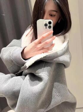 2025新款灰色高级感连帽卫衣女秋冬季慵懒风宽松百搭加绒开衫外套