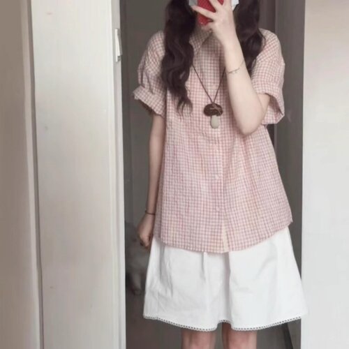 夏日设计感蕾丝织带粉色短袖衬衫