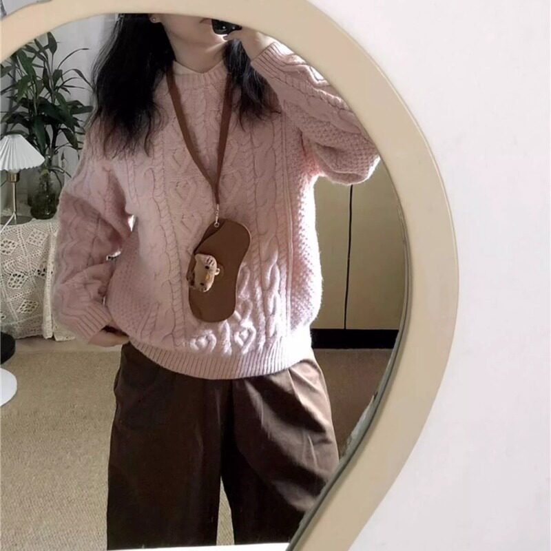 韩系圆领宽松麻花粉色毛衣女2025秋冬季新款软糯高级感针织上衣潮