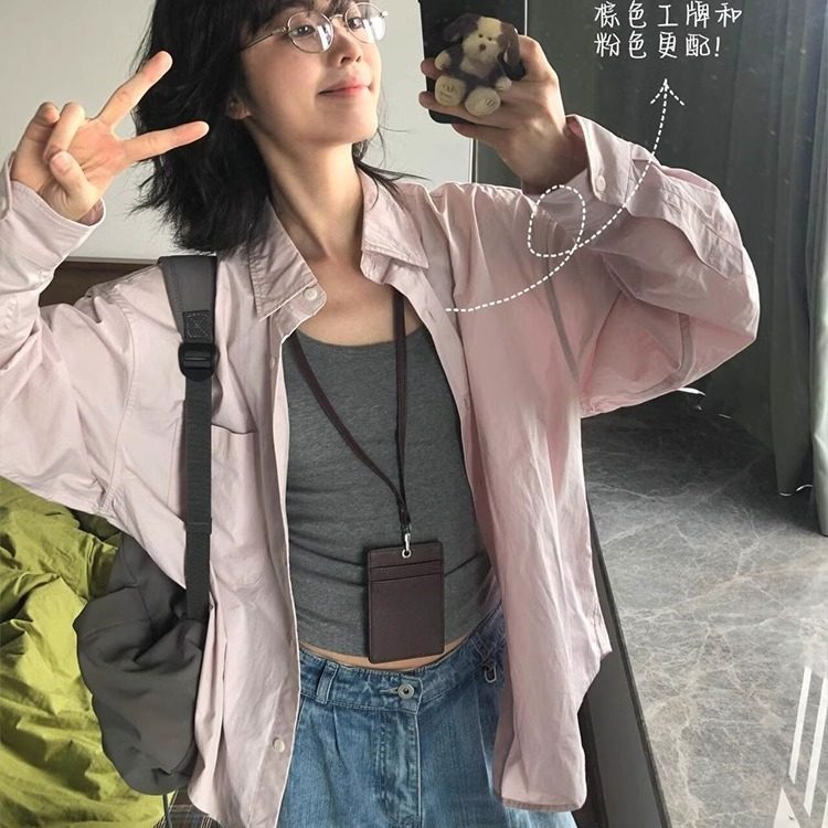 韩系慵懒风浅灰粉衬衫女长袖衬衣图片