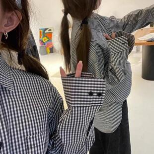日系格子长袖衬衫女秋季新款潮流百搭高级感气质oversize长袖衬衣