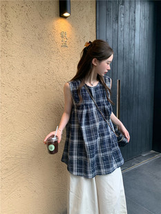 宽松甜美可爱百搭设计感小众无袖 新款 上衣 女2024夏季 日系格子衬衫