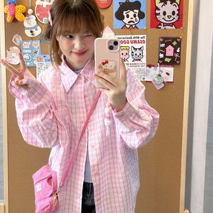 日系复古粉色刺绣格子衬衫女情侣宽松百搭叠穿上衣外套格纹衬衣潮
