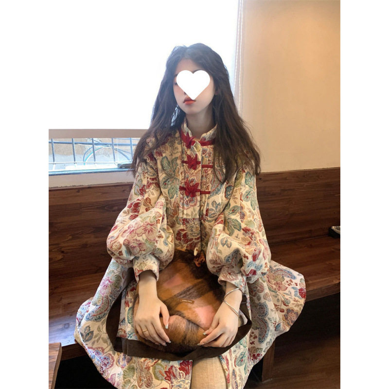 韩系复古中国风高级感连衣裙女2026秋冬季设计感宽松减龄蓬蓬裙潮