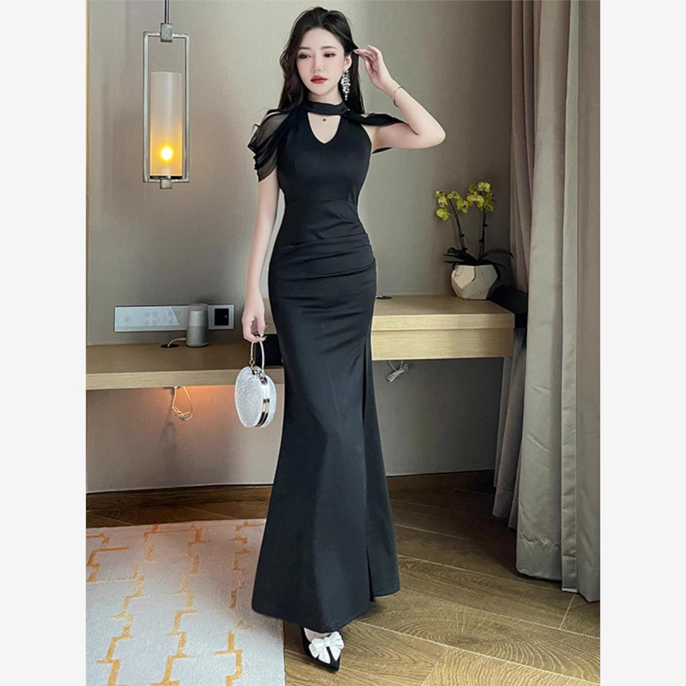 高级感连衣裙气质夜店女装性感足疗女技师工衣黑色长裙年会晚礼服