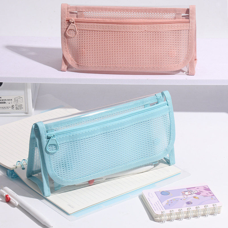 三角网纱笔袋大容量高颜值INS风简约透明PVC多层学生考试拉链文具