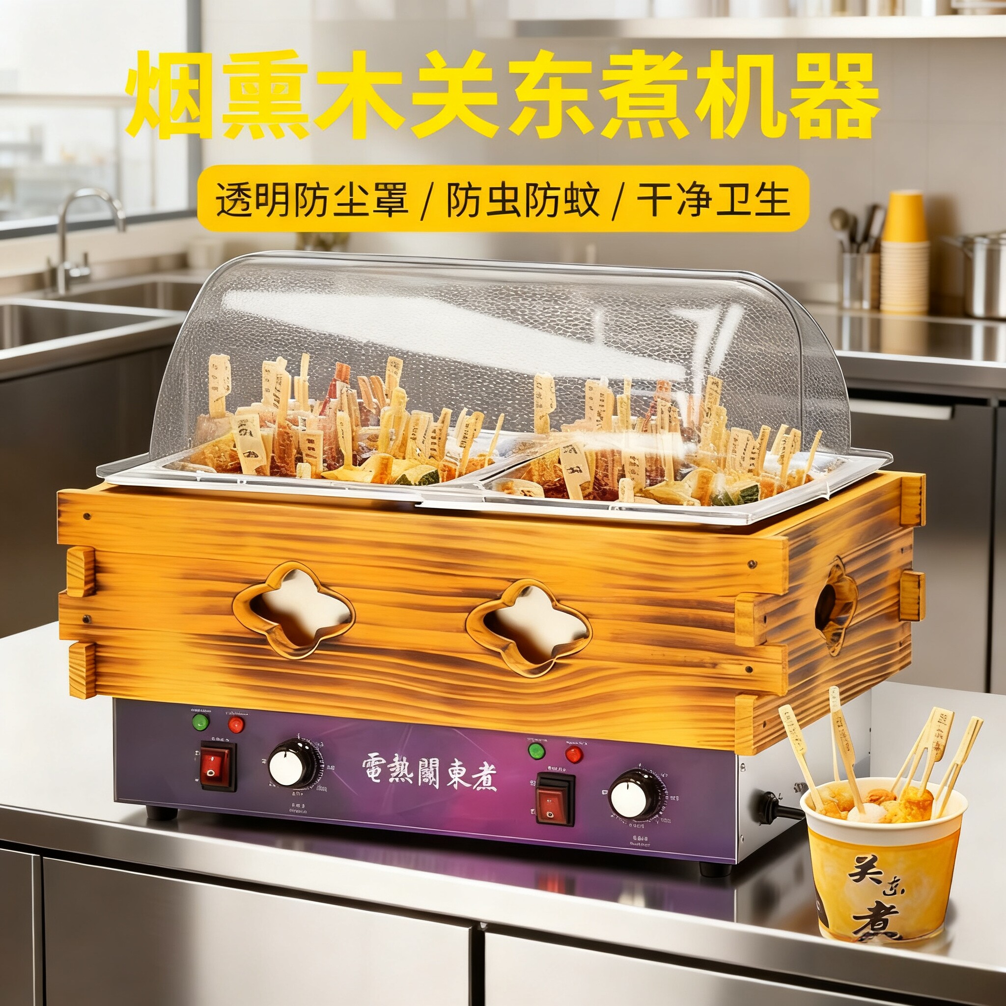 新款木框关东煮机器商用木屋关东煮锅便利店串串香锅麻辣烫格子锅