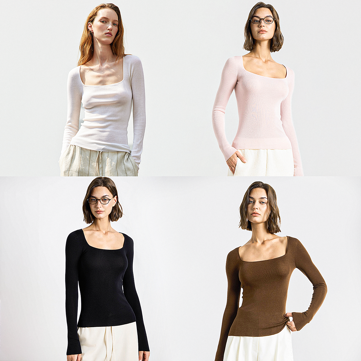 Extremology/丝事25秋亲肤18针纯羊毛百搭方领长袖针织打底衫